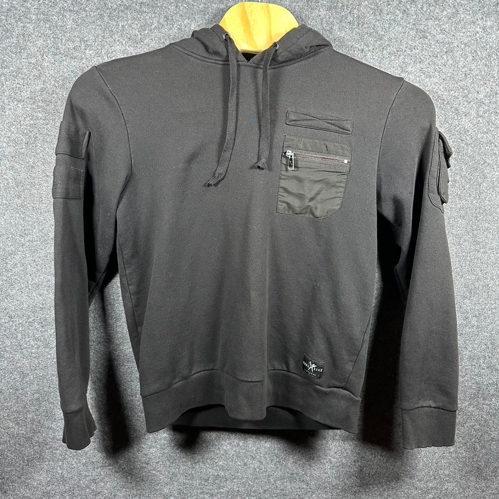 Marc Ecko Cut & Sew Mens Large Black Tactical Utility Hoodie Mixed Media Pocket